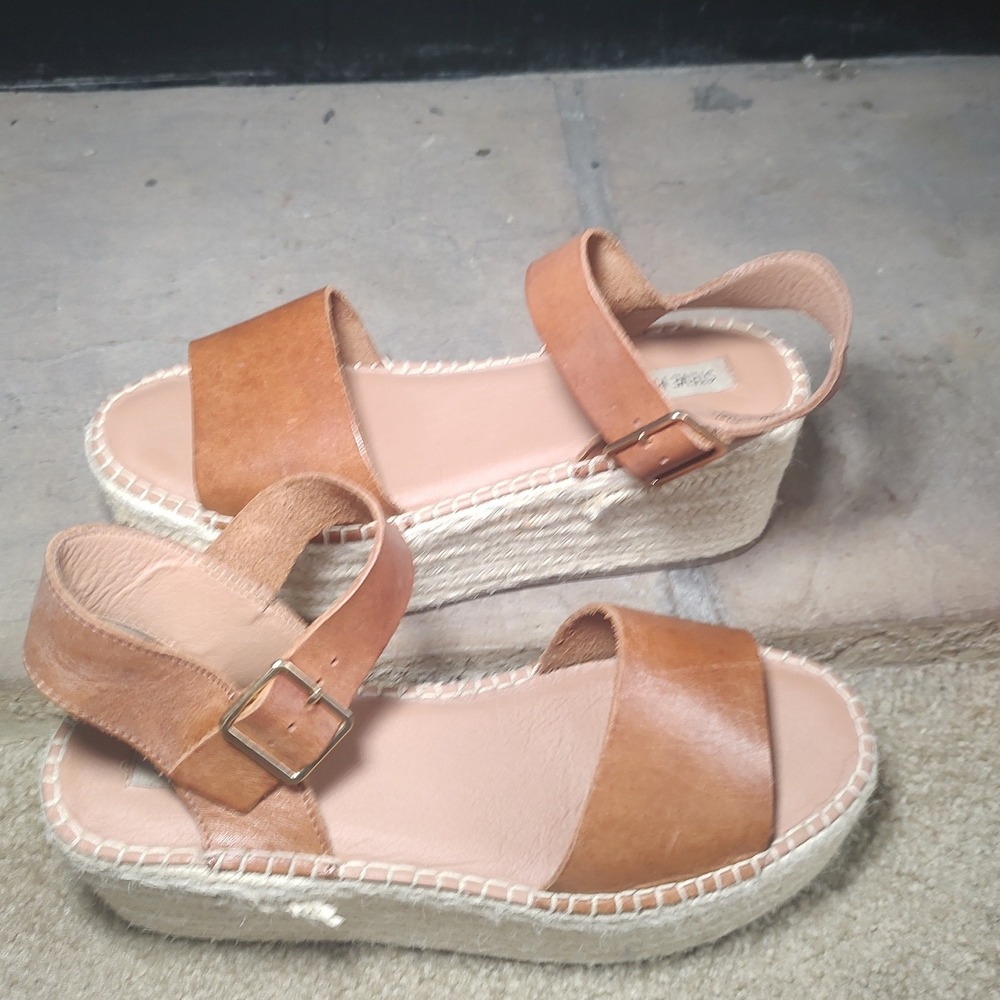 Steve‎ Madden Tan Leather Platform Espadrille Wedge Sandals Brown 10M CAB01S1